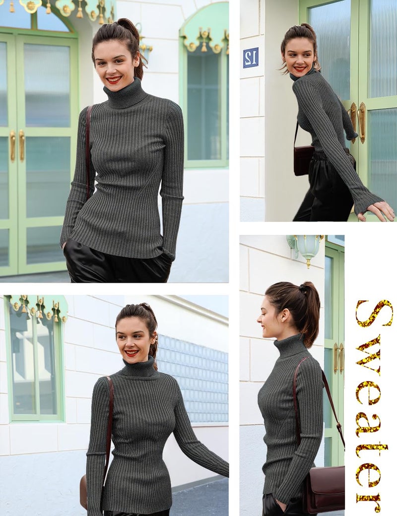v28 Women Stretchable Turtleneck Knit Long Sleeve Slim Fit Sweater (M,Darkgrey) - Image 3